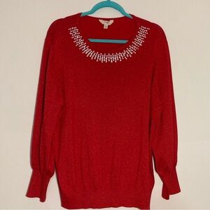 Terra & Sky Red Sparkly Sweater | Size 2X/20-22W | Rhinestone‎ Collar | Holiday